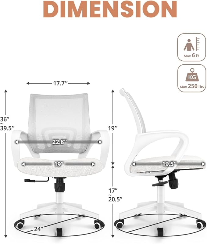 NEO Chair Office Desk Computer Chair Ergonomic Mesh Gaming Mid Back Seat with Comfy Lumbar Support Adjustable Height Swivel for Home Task (Ivory)