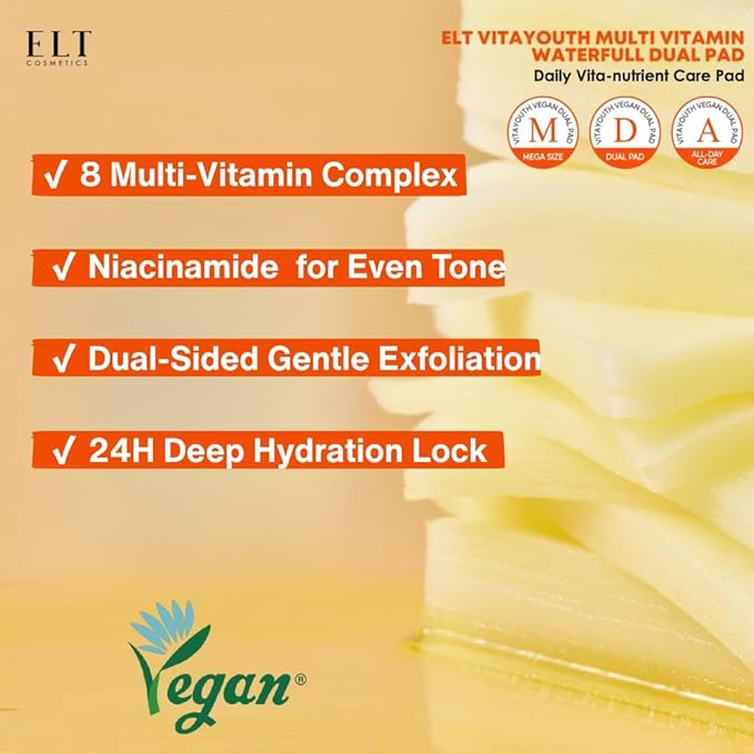 ELT Multi Vitamin Mega Dual Sized Toner Pads - 100% Vegan Certified with Niacinamide for Uneven Skin Tone - Cleansing & Deep Hydrating Dual Sided Toner Pads - Korean Skin Care, 80 Pads