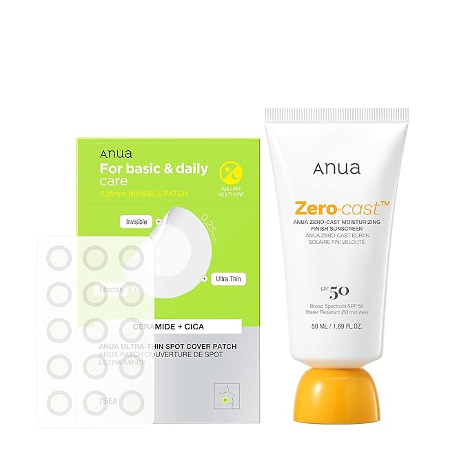 Anua Protection Set, Zero-Cast Moisturizing Sunscreen SPF 50 (1.69 fl oz), Ultra-Thin Spot Cover Patch (75 Counts)
