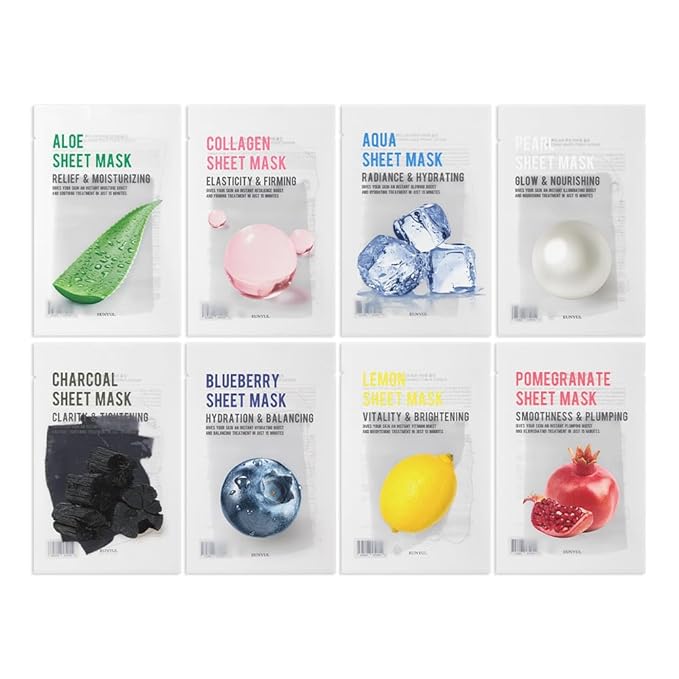 EUNYUL Purity Sheet Mask Variety Pack – 40 Count (8 Types x 5 Sheets), Hydrating & Nourishing Korean Face Masks with Aloe, Charcoal, Collagen, Lemon, Pomegranate, Pearl, Blueberry, Aqua