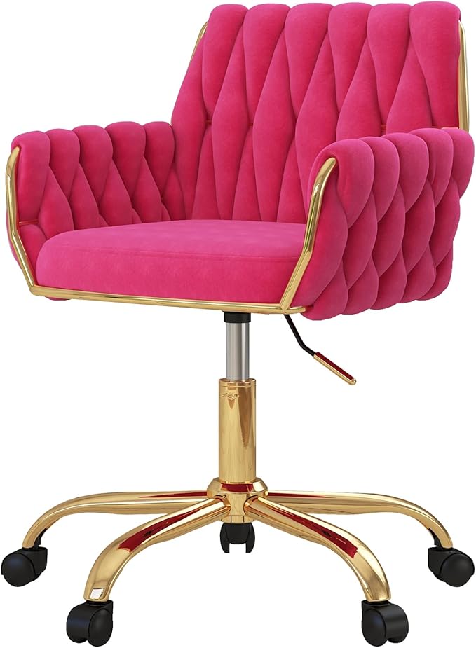 Woven 360°Swivel Desk Chair, Velvet Height Adjustable Home Office Armchair with Golden Base for Teens Women Girls, Upholstery Computer Chair for Home Studios and Office, Woven & Hot Pink