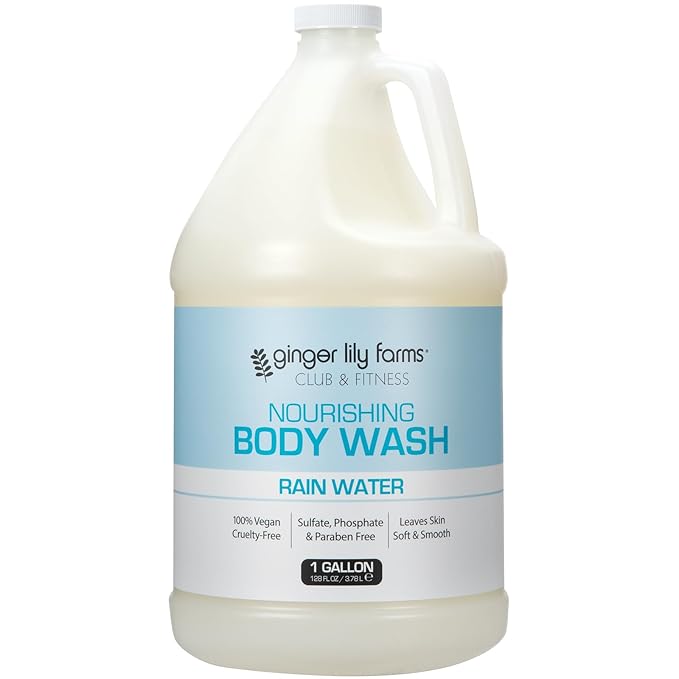 Ginger Lily Farms Club & Fitness Nourishing Body Wash, 100% Vegan & Cruelty-Free, Bath & Shower Gel for Men and Women, Rain Water Scent, 1 Gallon (Pack of 4)