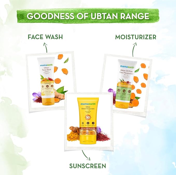 Mamaearth Ubtan Detan Sunscreen with SPF 50 & PA++++ | Broad Spectrum Protection | Helps Reduce Tanning with Turmeric & Saffron | Non-Greasy & Lightweight | 1.76 Oz/50g