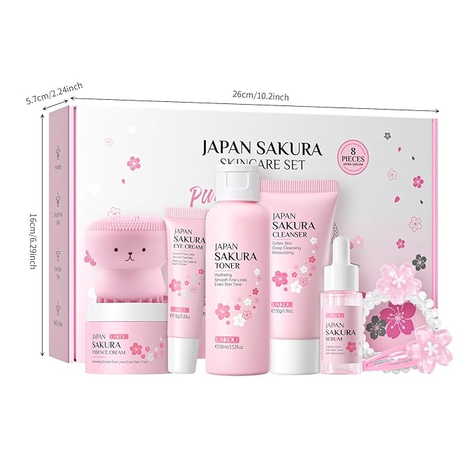 1 Pack Skin Care Set, Containing Facial Cleanser + Toner + Serum + Eye Cream+ Essence Cream+ Hair Clip + Facial Cleansing Brush + Hair Tie