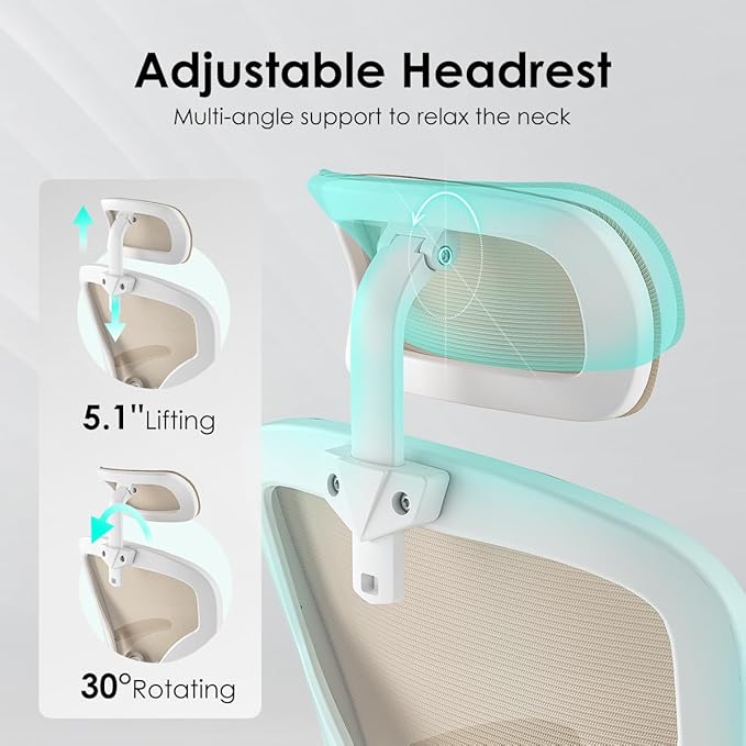 Farini Ergonomic Office Chair, Home Office Desk Chair with Headrest, High Back Swivel Computer Chair with Armrests and Adjustable Lumbar Support for Home Office Study Room, White & Khaki