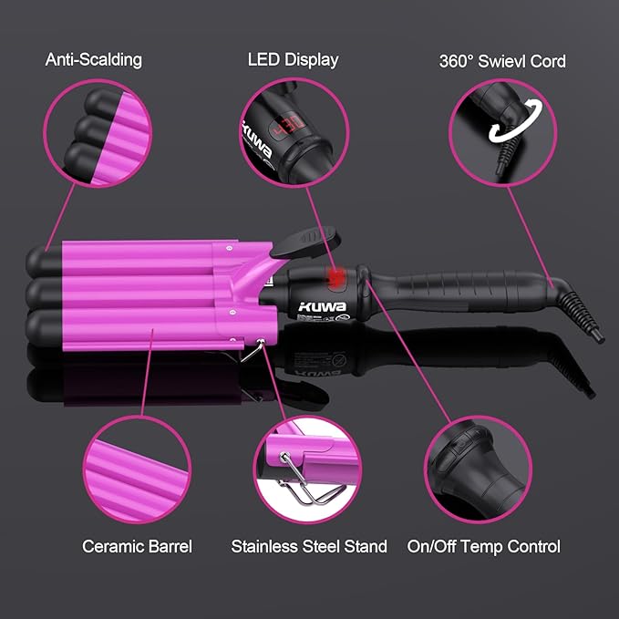 kuwa Crimper Hair Tool,15 Variable Temperature Waver Curling Iron,Three Barrel Curling Iron,Waver Hair Tool,Haircrimper for Women,HairWaver with LCD Temperature Display