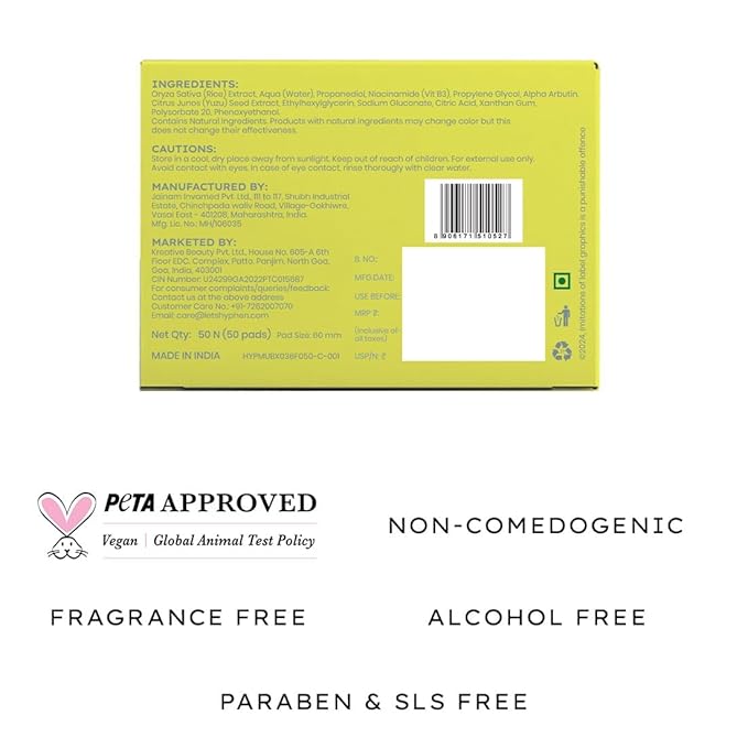 Hyphen 44% Rice Water Brightening Face Serum Pads | 5% Niacinamide & Alpha Arbutin to Reduces Dark Spots & Pigmentation | Toner Pads with Serum for Glowing Glass Skin | All Skin Types - 50N