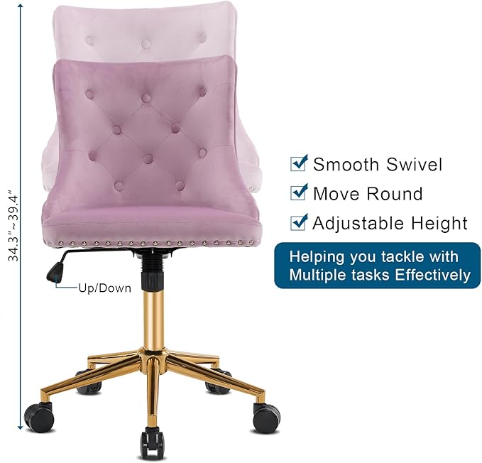 VINGLI Mauve Purple Armless Home Office Desk Chair with Gold Base/Wheels, Small Cute Vanity/Makeup Chair with Back for Bedroom, Upholstered Adjustable Rolling Swivel Nail Chair for Women/Girls