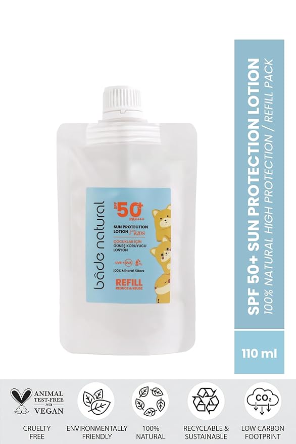 Bade Natural SPF 50+ Kids Sunscreen Refill Lotion – 100% Natural Mineral-Based Broad Spectrum Sun Protection with Zinc Oxide & Botanical Oils – Refillable Eco-Friendly Pack, 3.7 fl oz