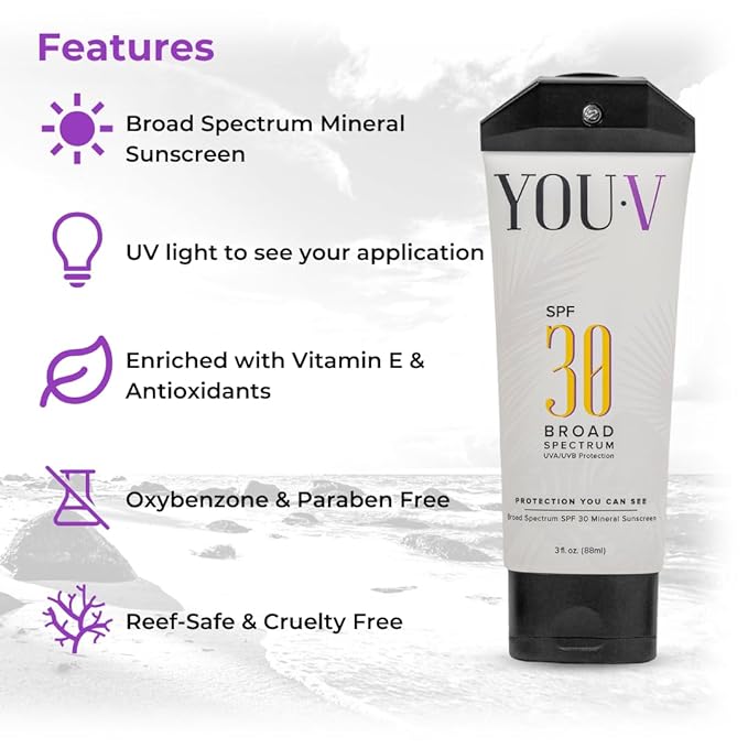 YouV Mineral Sunscreen SPF 30 with UV Detection Light – Zinc Oxide Broad Spectrum Protection – See Sunscreen Coverage to Avoid Missed Spots – Reef Safe, Kid Friendly