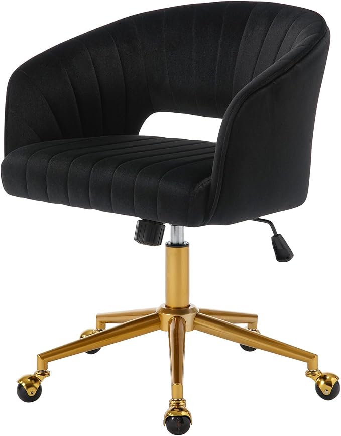 Westice Home Office Desk Chairs, Modern Velvet Rolling Chair, Height Adjustable Swivel Vanity Chair with Golden Base, Ergonomic Chair for Study, Living Bedroom Computer Room, Black