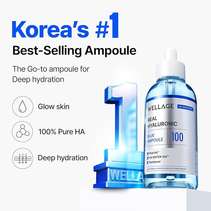 WELLAGE Real Hyaluronic Blue Ampoule 100, Korean Skincare, Fragrance Free Hyaluronic Acid Serum with Panthenol, Wild yam, Centella for Sensitive Dry Skin Moisturizer 1.01 fl.oz
