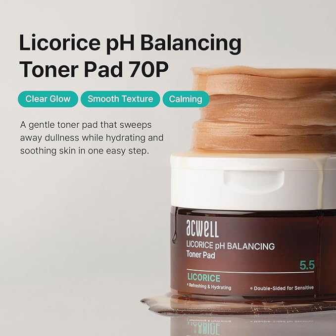 ACWELL Licorice pH Balancing Toner Pads – Dual-Textured Vegan Pads for Sensitive & Acne-Prone Skin, Blemish Clearing, Brightening & Pore Refining, Korean Skincare, 70 Pads (5.41 fl oz.)