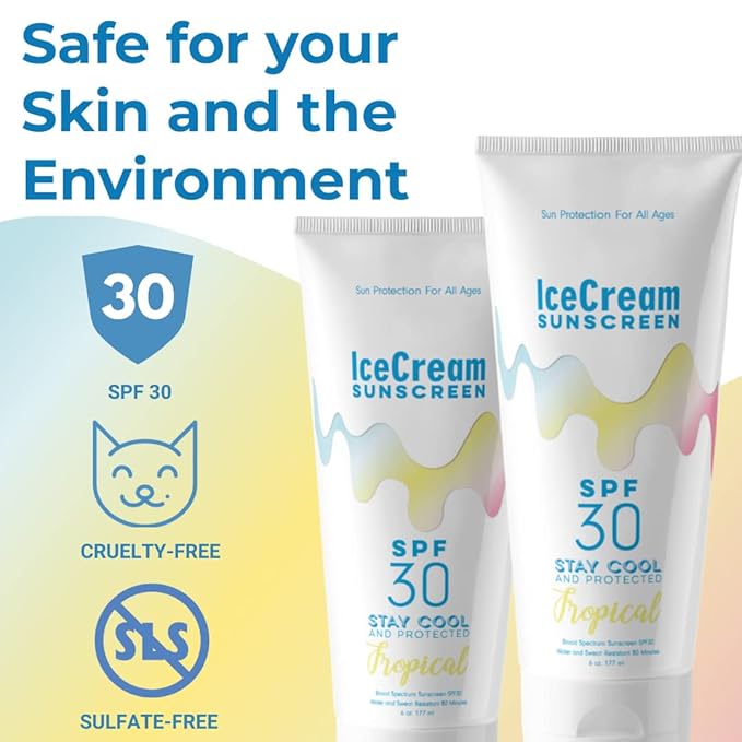 IceCream Broad Spectrum SPF 30 Sunscreen Lotion, Body & Face Lotion Sunblock Moisturizer with SPF, Water & Sweat-Resistant, Reef-Friendly & Cruelty-Free, 6oz (177ml) - Tropical (Pack of 2)