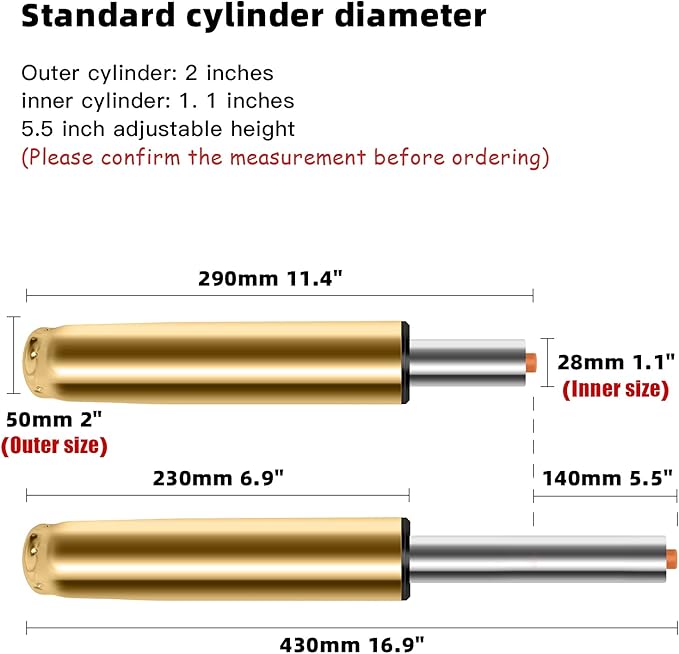Adjustable Height Gas Lift Cylinder for Office Chairs, Universal Size, Heavy Duty, Gold