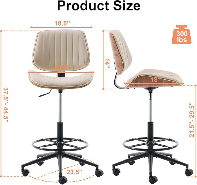 Drafting Chair, Ergonomic Office Chair with Walnut Wood Back Support, Armless PU Leather Desk Chair with Height-Adjustable, Thick Cushion for Home, Bar, Drafting, Office (Beige)