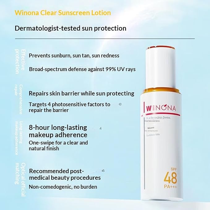 WINONA Clear Sunscreen Lotion SPF48 PA+++, Lightweight Sunblock Milk 50g, Broad-Spectrum UV Protection, Non-Comedogenic, Sensitive Skin