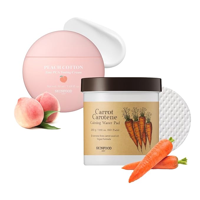 SKINFOOD Daily Balance Skincare Duo – Hydrating Carrot Carotene Toner Pads and Soft Matte Peach Tone-Up Cream for Fresh, Smooth, and Shine-Controlled Skin
