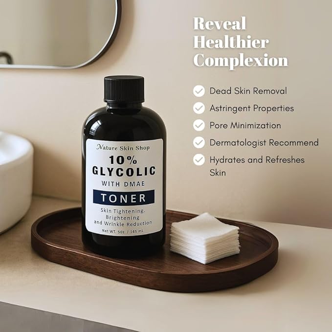 Nature Skin Shop 10% Glycolic Acid Toner with DMAE, Anti-Aging Face Exfoliant for Wrinkles, Fine Lines & Pores, Skin Tightening & Firming Astringent