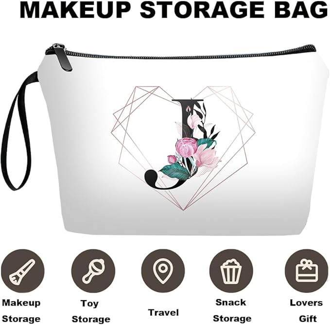 Personalized Initial J floral Makeup Bag set with Mirror for Women,White Ietter travel Cosmetic bag kit for Bride Bridesmaid with10 pieces pink brush set,Initial Gifts for Girls Mom femal Friends