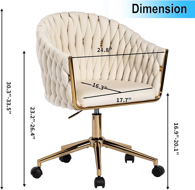 Velvet Office Chair with Hand Woven, Beige Vanity Desk Chairs with Golden Wheels, 360° Swivel Home Office Desk Chair Computer Chairs, Accent Chair Makeup Chair for Bedroom, Living Room(Beige)