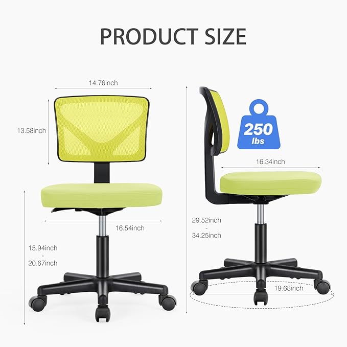 NEWBULIG Home Office Desk Chair, Armless Ergonomic Swivel Computer Chair with Wheels, Adjustable Height and Low-Back Mesh Design, Rolling Chair with Lumbar Support and Comfortable Seat, Green