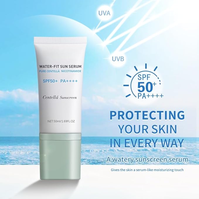 2Pcs Centella Sunscreen SPF50+, Lightweight Hydrating Centella Water-Fit Sun Serum for All Skin Type and UV Defense