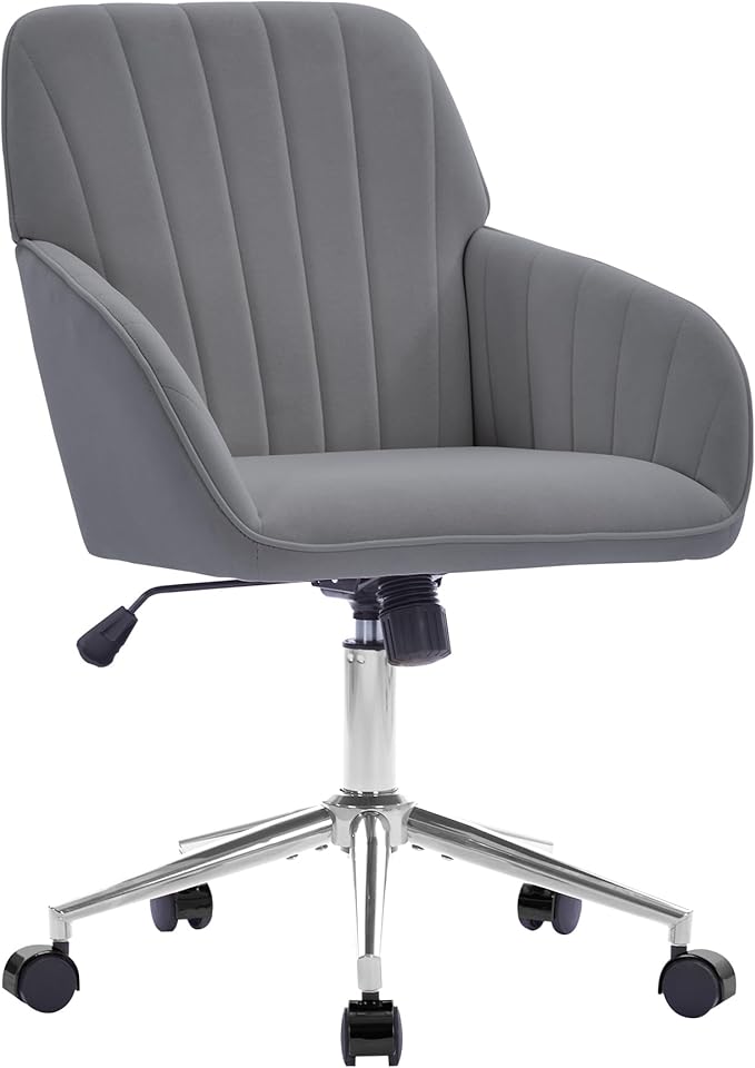 Velvet Home Office Desk Chair, Modern Cute Computer Task Chair with Back, Height Adjustable Upholstered Vanity Chair with Swivel Wheels for Women, Girls (Silver Base, Gray