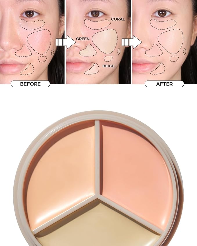 THESAEM Cover Perfection Triple Pot Concealer - 03 Correct Up Beige for Red Tone & Dark Circles - 3-Color Multi Concealer Palette for Light Skin Tones 13-21 - Korean Makeup with Sweet Almond Oil