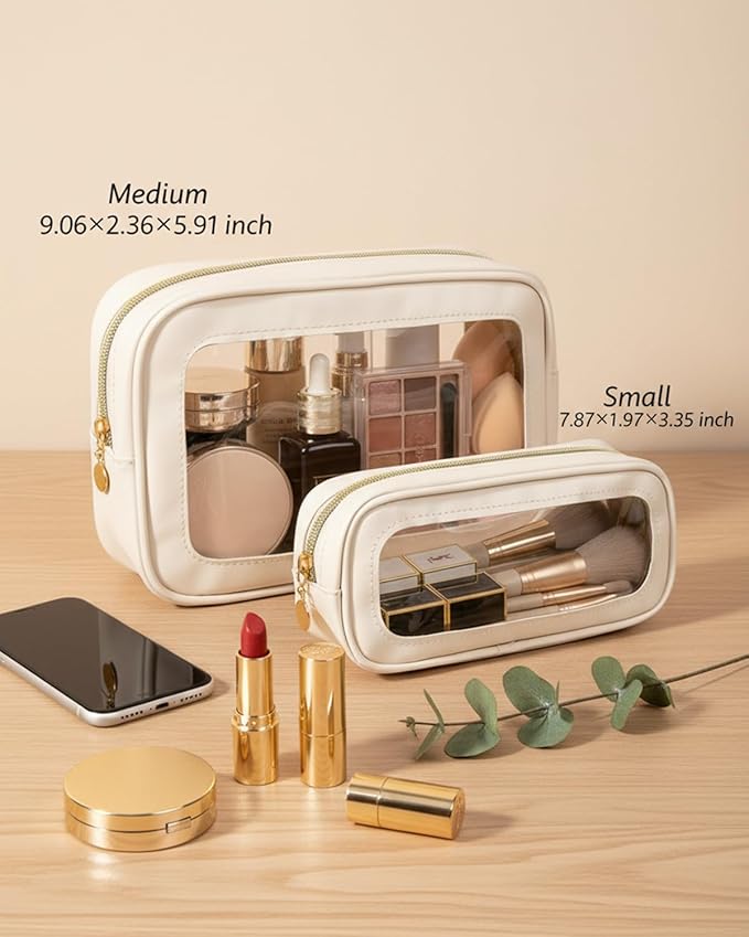 2Pcs Clear Makeup Bags Set, Clear Travel Makeup Brush Holder Leather Makeup Case Toiletry Bag with Zipper Portable Cosmetic Pouch Waterproof Makeup Brush Storage Bag Car Bag for Essentials (White Set)