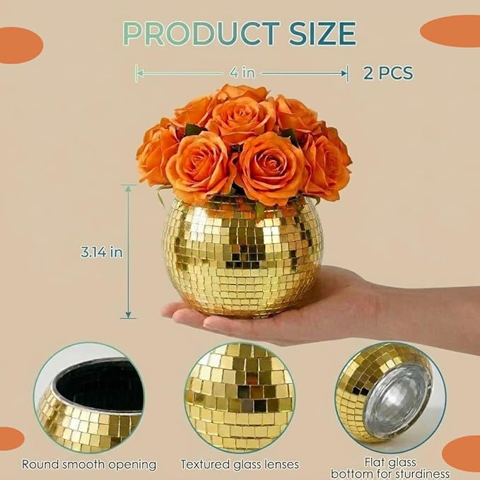 2 Pack Glass Disco Ball Makeup Brush with Smooth Grouting - Premium Mirror Mosaic Pencil Cup for Desk, Cute Pen Holder, Aesthetic Room Decor Gift (gold)
