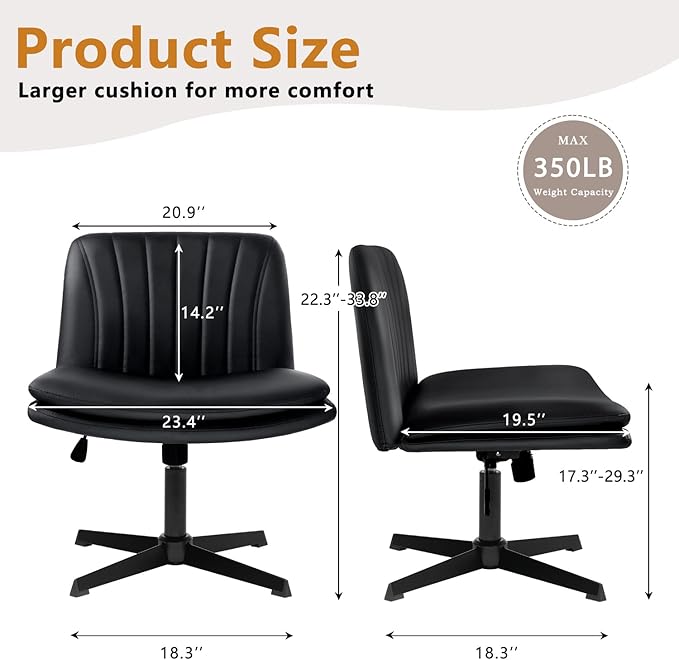 Criss Cross Chair, Cross Legged Desk Office Vanity Chair, Comfortable Black Vanity Stool with Back, PU Leather Armless Wide Swivel Vanity Desk Chair, Criss Cross Home Office Chair