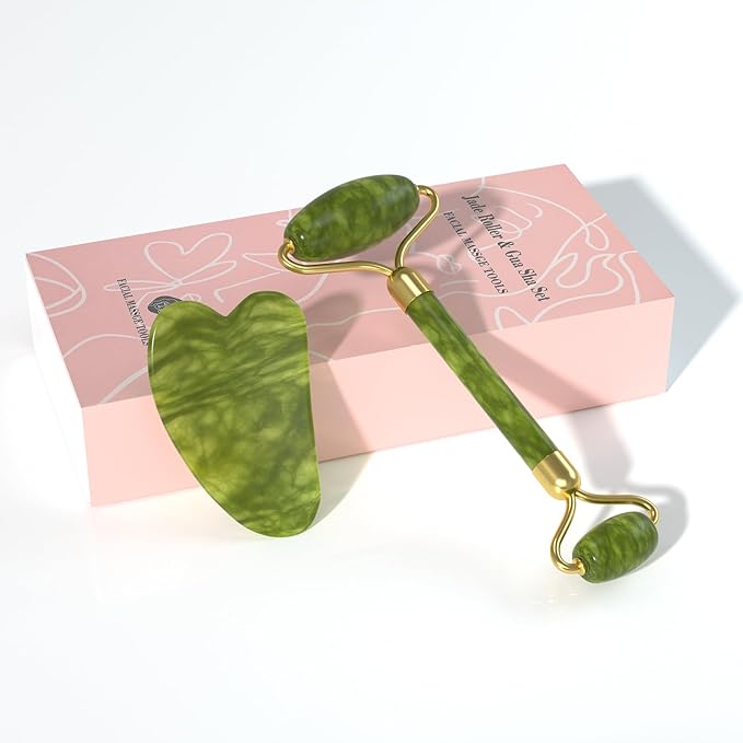 Jade Roller Gua Sha Set (Green) - Facial Massage Tool with Dual-Sided Roller