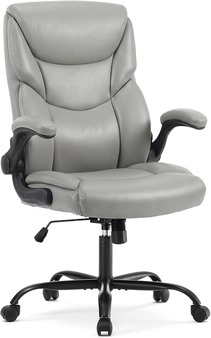 DUMOS PU Leather Office Chair - Ergonomic Executive Computer Desk Chairs with Adjustable Flip-up Armrest, Swivel Task Chair with Lumbar Support, Strong Metal Base, Grey