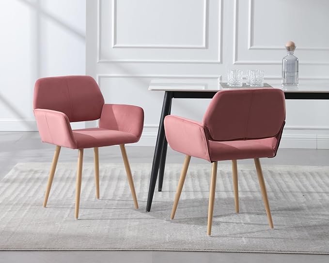 KCC Small Modern Dining Room Arm Chairs Set of 4, Mid-Century Upholstered Velvet Side Seat Club Guest with Metal Tube Legs for Kitchen, Living Room, Rose