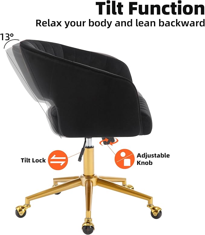 Westice Home Office Desk Chairs, Modern Velvet Rolling Chair, Height Adjustable Swivel Vanity Chair with Golden Base, Ergonomic Chair for Study, Living Bedroom Computer Room, Black