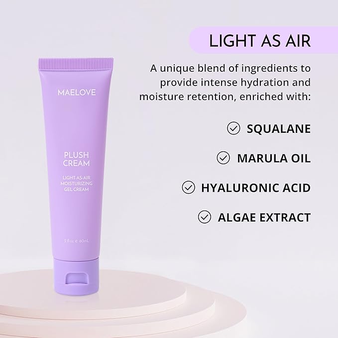 MAELOVE Plush Cream Light-as-Air Gel Moisturizer, Hydrating with Squalane and Hyaluronic Acid, For Sensitive Skin, Made in USA