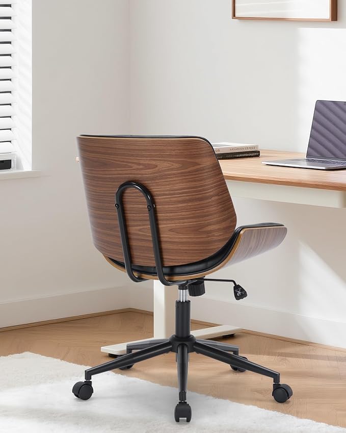 Leather Home Office Chair No Arms,Armless Adjustable Height Small Desk Chair,Swivel Computer Chair with Wheels,Mid-Century Modern Walnut Mid Back Chair for Office, Reading Room,Bedroom(Black)