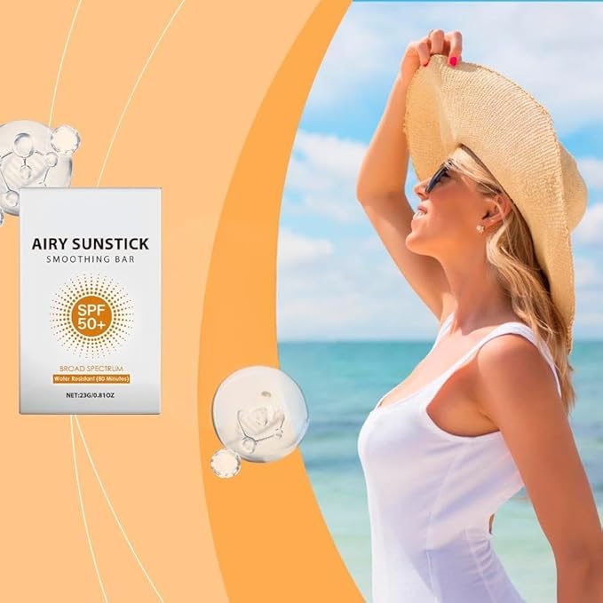 Airy Sunstick Smoothing Bar SPF50+ 0.81oz | Lightweight Non-Greasy Sunscreen Stick for Face & Body | Water-Resistant, Portable Sun Protection for Outdoor & Beach (2 Pack)