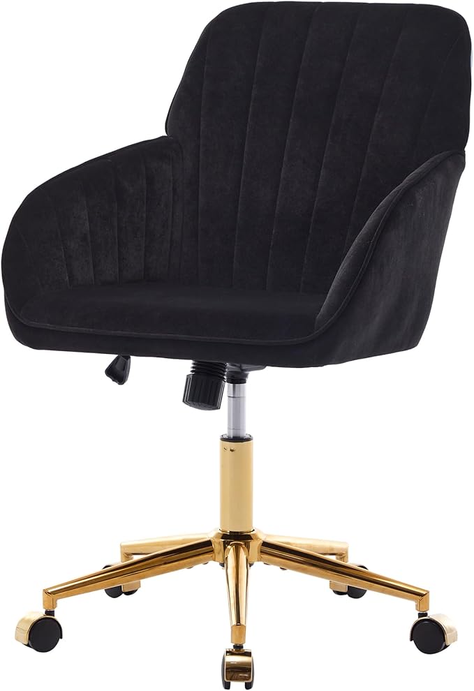 YITAI Velvet Office Desk Chair with Wheels and Gold Base,Modern Height Adjustable 360 Degree Swivel Upholstered Vanity Chairs with Arms for Living Room Bedroom, Study,Black