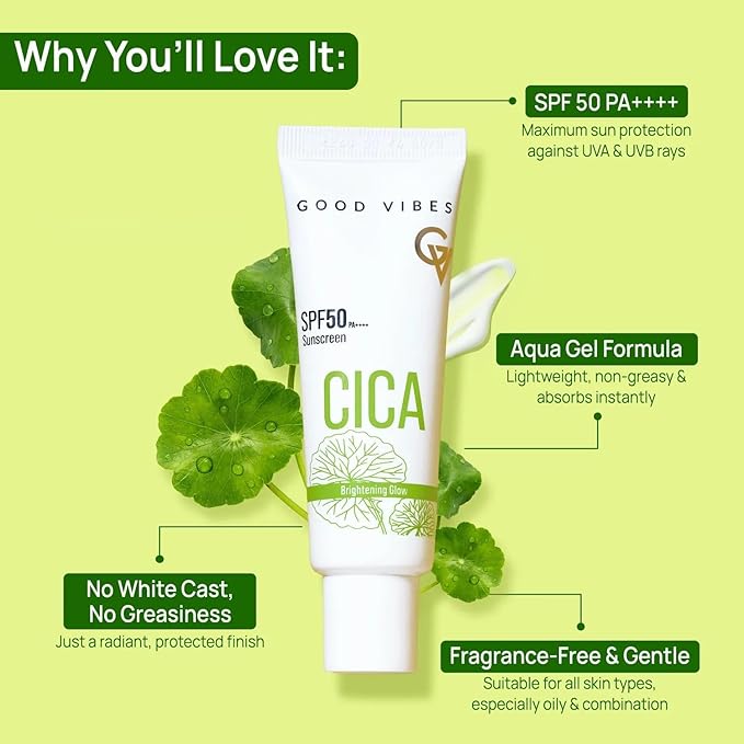 Good Vibes CICA Sunscreen SPF 50 PA++++ | Cica Extract, 3% Niacinamide, & Hyaluronic Acid | Lightweight Aqua Gel | Non-Greasy | 50g/ 1.76 Ounce