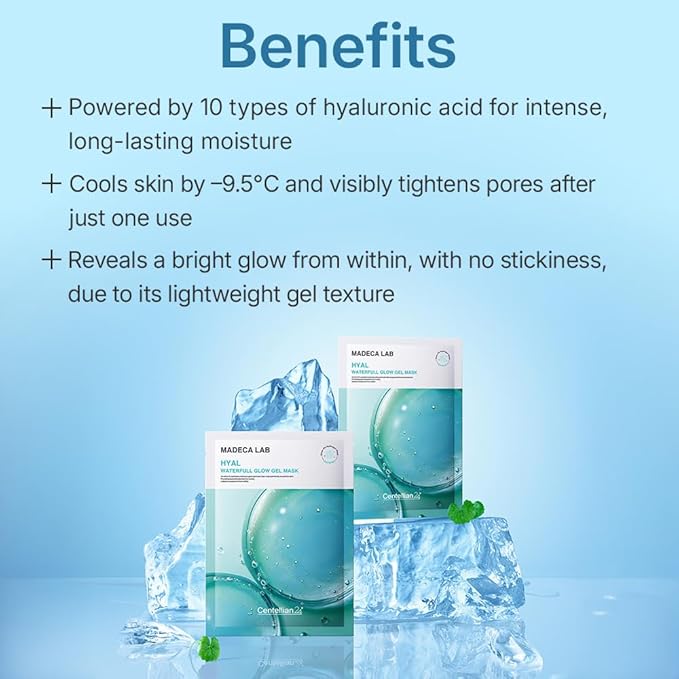 CENTELLIAN 24 Madeca Lab Hyal Waterfull Gel Mask (Hydrating Gel Mask, 5 pcs) – Deep Moisture & Cooling Sheet with 10-Layer Hyaluronic Acid, Korean Skin Care. TECA, Glycerin, Niacinamide.