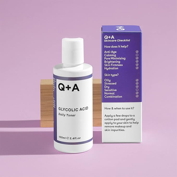 Q+A Glycolic Acid Daily Face Toner (100ml), Hydrating Toner for Face with Glycolic for Smooth Skin, Refines Pores & Evens Skin Tone, Fragrance Free, Alcohol Free, Vegan & Cruelty Free Skincare