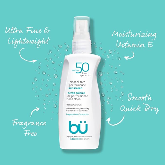 BU SPF 50 Sunscreen Spray for Face and Body, Fragrance Free, Clear Non Aeorsol, Non Greasy and Water Resistant (3-pack)
