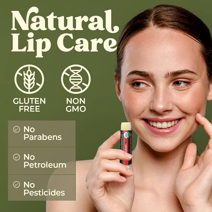 Earth's Daughter USDA Organic Lip Balm 4-Pack Strawberry flavor - Beeswax, Coconut Oil, Vitamin E - Best Lip Repair Chapstick for Dry Cracked Lips.