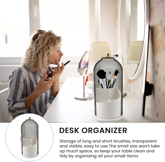 Makeup Brush Holder with Lid, 360 Rotating Sliding Opening Cosmetic Tools Organizer, Waterproof Dustproof Makeup Brush Organizer for Vanity Desktop Bathroom Countertop(COLOR:White And Black)