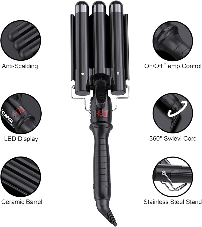 kuwa Three Barrel Curling Iron,Hair Crimper with LCD Temperature Display,1 Inch Crimper Hair Tool,Dual Voltage Hair Crimper,Beach Waver Curling Iron (Black)