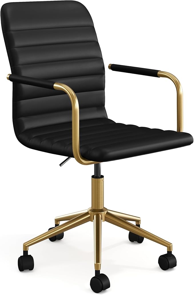 Martha Stewart Taytum Swivel Task Chair with Armrests for Home Office in Black Faux Leather with Polished Brass Frame