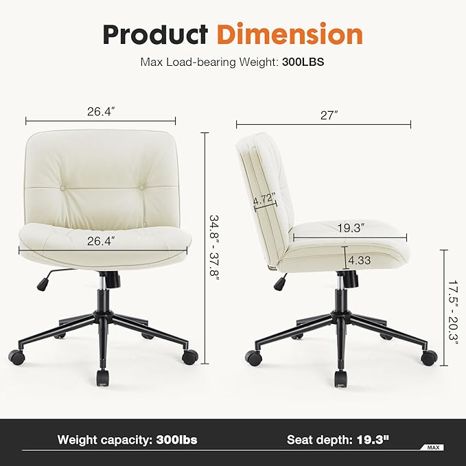 Sweetcrispy Criss Cross Chair with Wheels, Wide Seat PU Leather Armless Office Desk Vanity Chair, Comfortable Adjustable Swivel Computer Task Chairs for Bedroom, Small Space Make Up, Light Beige