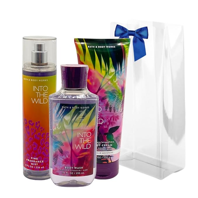 Bath & Body Works INTO THE WILD Fine Fragrance Mist, Ultimate Hydration Body Cream & Body Wash 3-piece Gift Set with a Blue Bow for Holidays – Full Size
